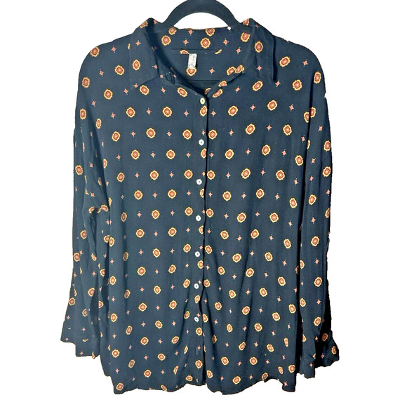 Free People Geometric Button Up Top Womens Sz S Oversized Soft Casual Bohemin - Picture 1 of 9